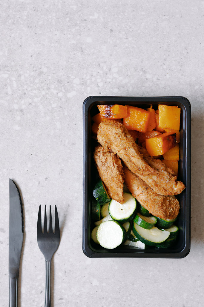 Crumbed Chicken Breast Tenders with Roasted Zucchini and Butternut