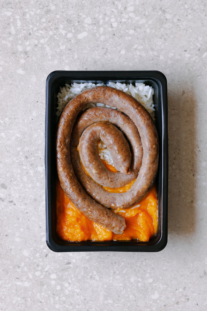 Lean Ostrich Wors, rice and sweet potato mash