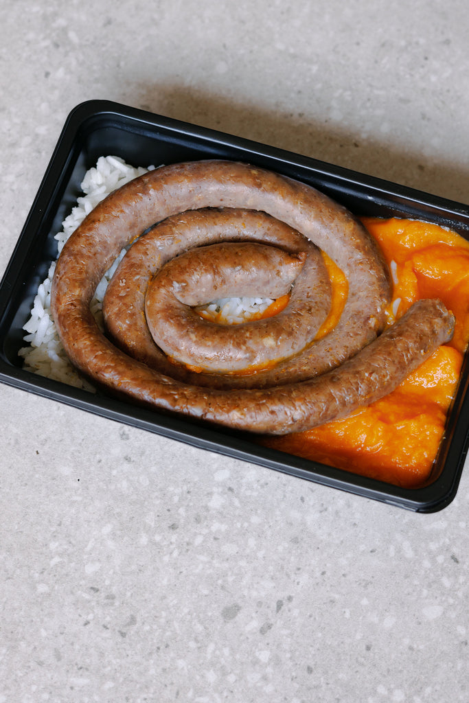 Lean Ostrich Wors, rice and sweet potato mash