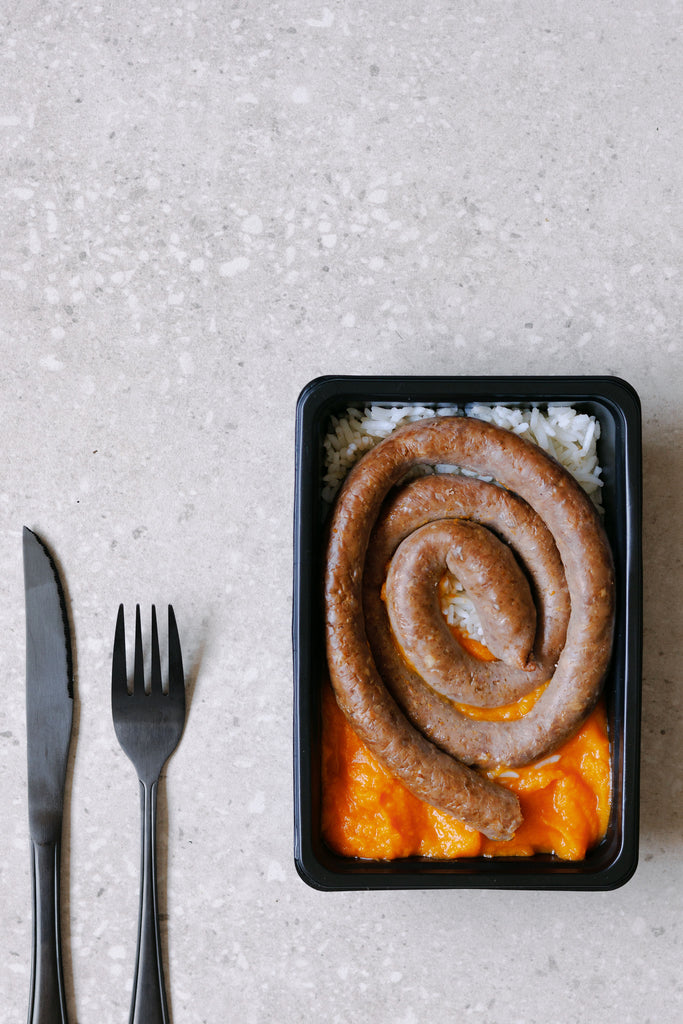 Lean Ostrich Wors, rice and sweet potato mash