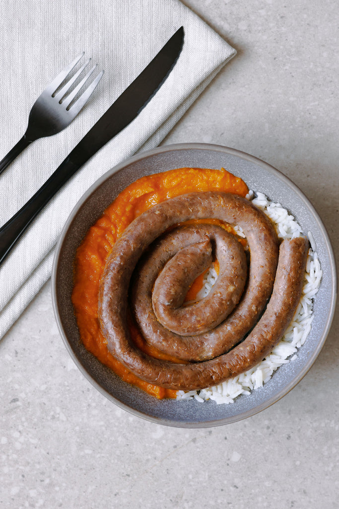 Lean Ostrich Wors, rice and sweet potato mash